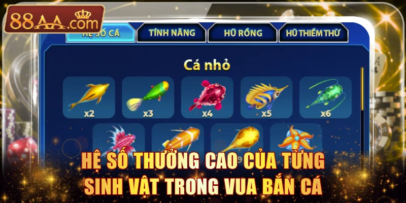 Cập nhật hệ số thưởng cao của từng sinh vật trong Vua Bắn Cá